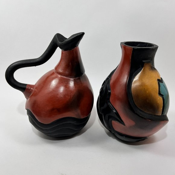 Rogger Crisanto Chulucana Peru Relief Sculpture Pitcher Vase Pottery Earth Tones